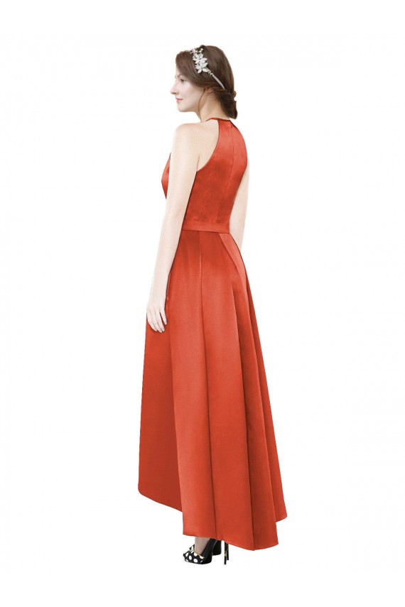 Rouge Épice Trapèze Licou Satiné Longue Asymétrique Robes demoiselle d'honneur à Bas Prix