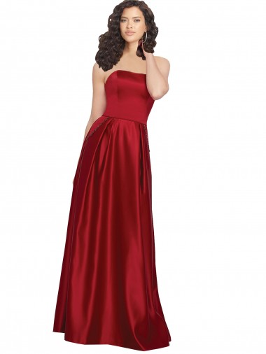 Rouge foncé Trapèze Sans bretelle Satiné Longue Robes demoiselle d'honneur / Robes de bal à Bas Prix