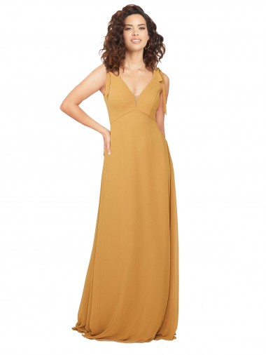 Safran Trapèze Col V Mousseline Longue Robes demoiselle d'honneur à Bas Prix