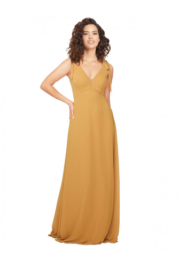 Safran Trapèze Col V Mousseline Longue Robes demoiselle d'honneur à Bas Prix
