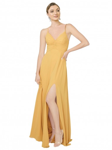 Safran Trapèze Col V Mousseline Longue Robes demoiselle d'honneur à Bas Prix