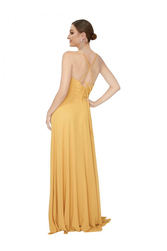 Safran Trapèze Col V Mousseline Longue Robes demoiselle d'honneur à Bas Prix