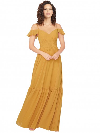 Safran Trapèze Col V Mousseline Longue Robes demoiselle d'honneur à Bas Prix