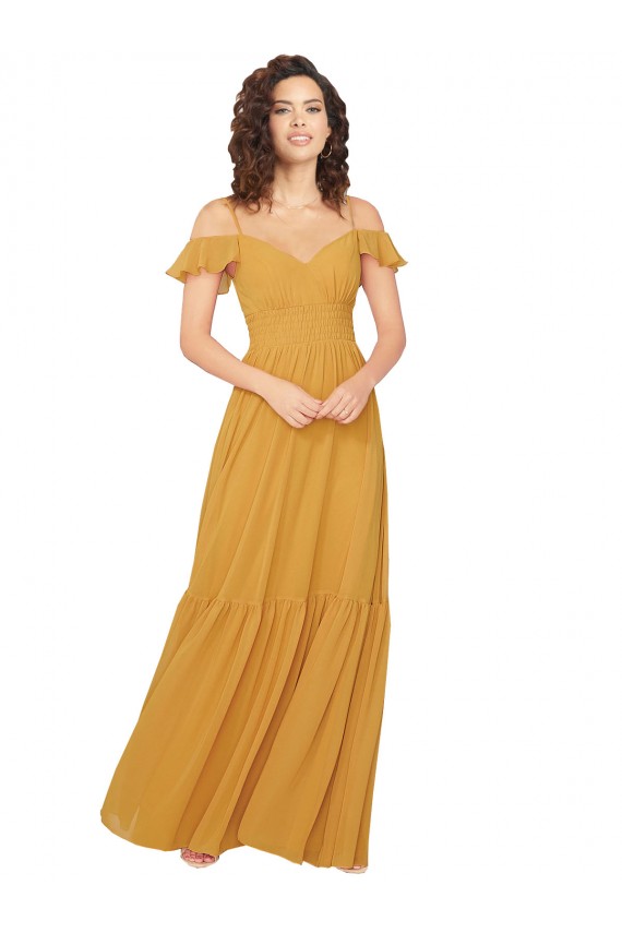 Safran Trapèze Col V Mousseline Longue Robes demoiselle d'honneur à Bas Prix