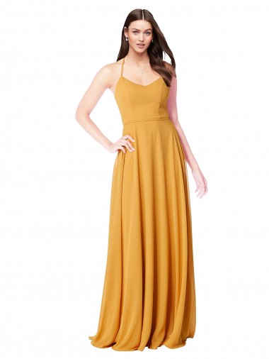 Safran Trapèze Col V Mousseline Longue Robes demoiselle d'honneur à Bas Prix