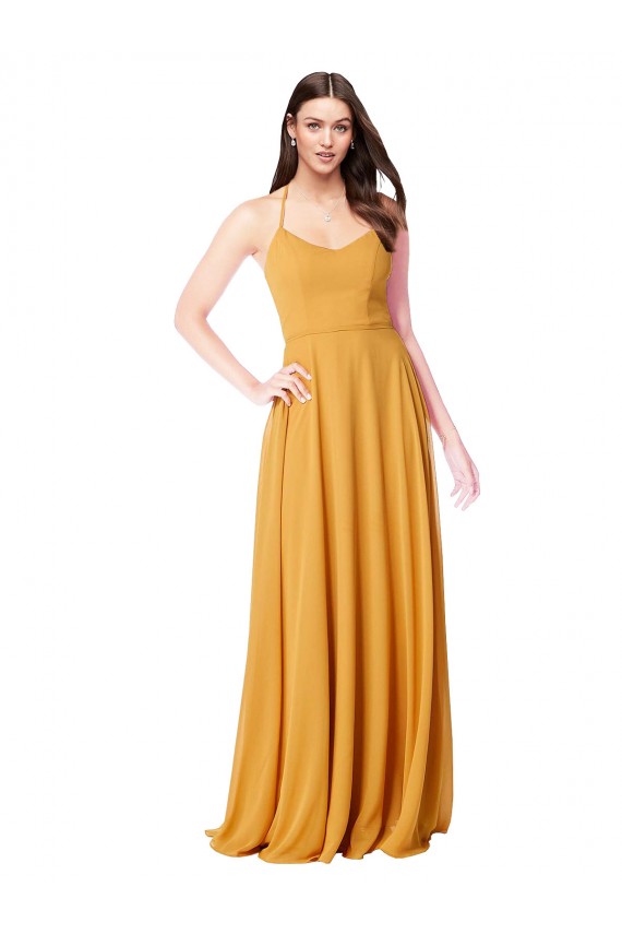 Safran Trapèze Col V Mousseline Longue Robes demoiselle d'honneur à Bas Prix