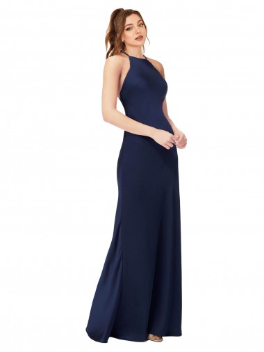 Saphir Fourreau Col Haut Satiné Soyeux Longue Formelles Robes demoiselle d'honneur / Robes de soirée / Robes de bal à Bas Prix