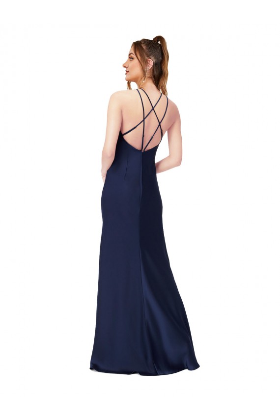 Saphir Fourreau Col Haut Satiné Soyeux Longue Formelles Robes demoiselle d'honneur / Robes de soirée / Robes de bal à Bas Prix