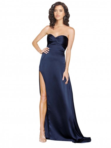 Saphir Trapèze Col Haut Satiné Soyeux Longue Formelles Robes demoiselle d'honneur / Robes de soirée / Robes de bal à Bas Prix