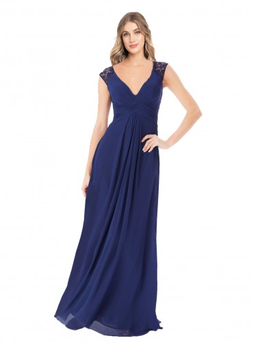 Saphir Trapèze Col V Mousseline Longue Robes demoiselle d'honneur à Bas Prix