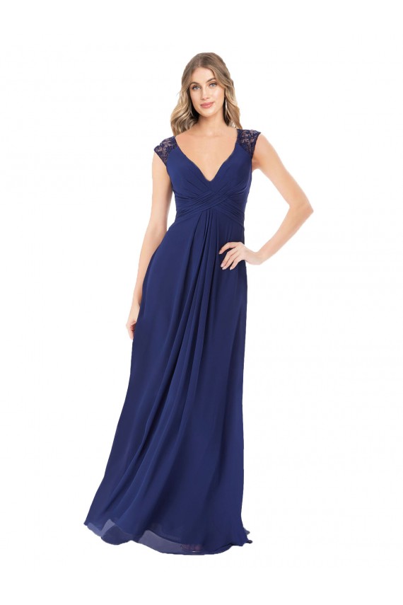 Saphir Trapèze Col V Mousseline Longue Robes demoiselle d'honneur à Bas Prix