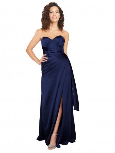 Saphir Trapèze Sans bretelle Satiné Soyeux Longue Formelles Robes demoiselle d'honneur / Robes de soirée / Robes de bal à Bas Prix
