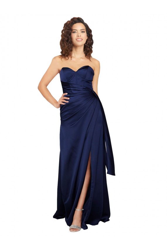 Saphir Trapèze Sans bretelle Satiné Soyeux Longue Formelles Robes demoiselle d'honneur / Robes de soirée / Robes de bal à Bas Prix