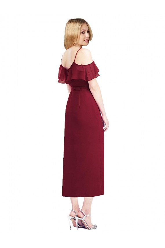 Saumon Trompette Bretelles spaghetti Col V Mousseline Courte Asymétrique Robes demoiselle d'honneur à Bas Prix