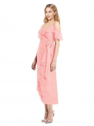 Saumon Trompette Bretelles spaghetti Col V Mousseline Courte Asymétrique Robes demoiselle d'honneur à Bas Prix