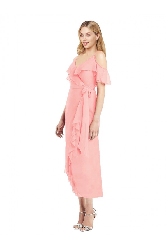 Saumon Trompette Bretelles spaghetti Col V Mousseline Courte Asymétrique Robes demoiselle d'honneur à Bas Prix