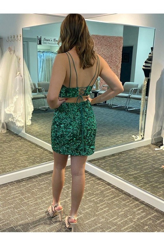 Shamrock Vert Fourreau Col V Courte Paillettes Velours Courte Robes de bal à Bas Prix