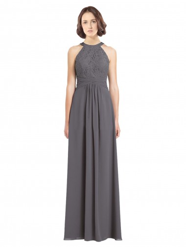 Stormy Silver Trapèze Licou Mousseline Dentelle Longue Robes demoiselle d'honneur à Bas Prix