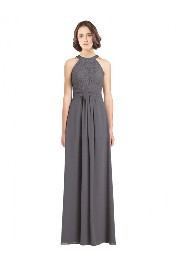 Stormy Silver Trapèze Licou Mousseline Dentelle Longue Robes demoiselle d'honneur à Bas Prix