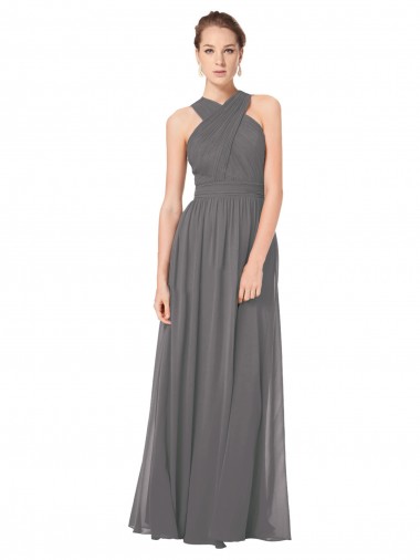 Stormy Silver Trapèze Licou Mousseline Longue Robes demoiselle d'honneur à Bas Prix