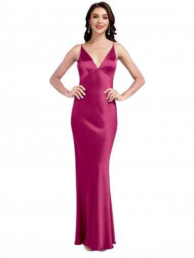 Trapèze Bretelles spaghetti Col V Satiné Stretch Longue Formelles Robes demoiselle d'honneur / Robes de soirée / Robes de bal à Bas Prix