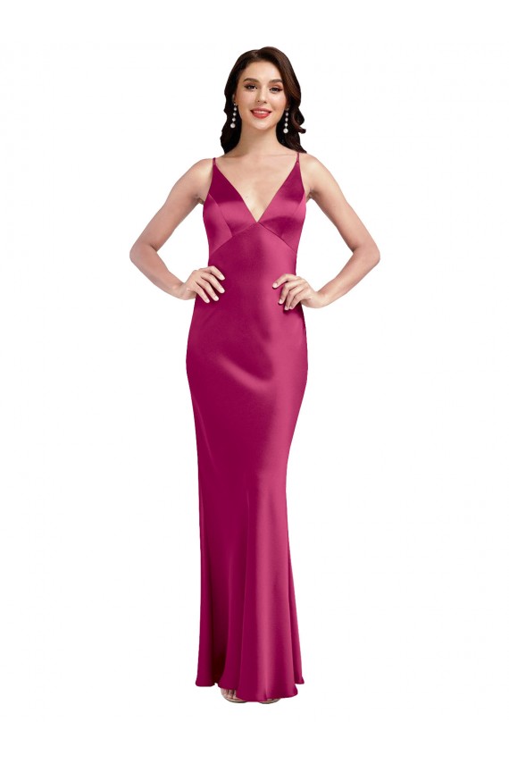 Trapèze Bretelles spaghetti Col V Satiné Stretch Longue Formelles Robes demoiselle d'honneur / Robes de soirée / Robes de bal à Bas Prix