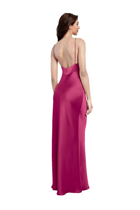 Trapèze Bretelles spaghetti Col V Satiné Stretch Longue Formelles Robes demoiselle d'honneur / Robes de soirée / Robes de bal à Bas Prix