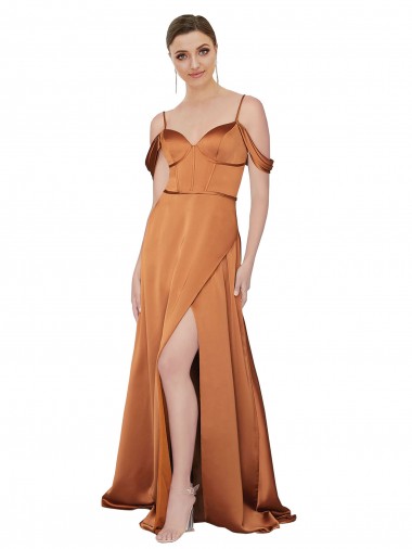 Trapèze Bretelles spaghetti Satiné Soyeux Longue Formelles Robes demoiselle d'honneur / Robes de soirée / Robes de bal à Bas Prix