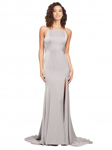 Trapèze Col Haut Balayage train Satiné Stretch Longue Formelles Robes demoiselle d'honneur / Robes de soirée / Robes de bal à Bas Prix