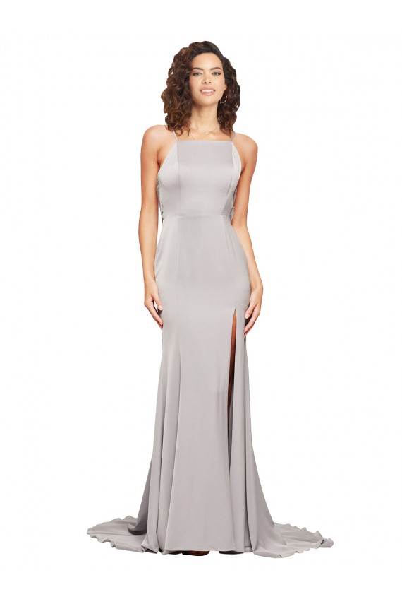 Trapèze Col Haut Balayage train Satiné Stretch Longue Formelles Robes demoiselle d'honneur / Robes de soirée / Robes de bal à Bas Prix