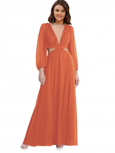 Trapèze Col V Mousseline Longue Asymétrique Robes demoiselle d'honneur à Bas Prix