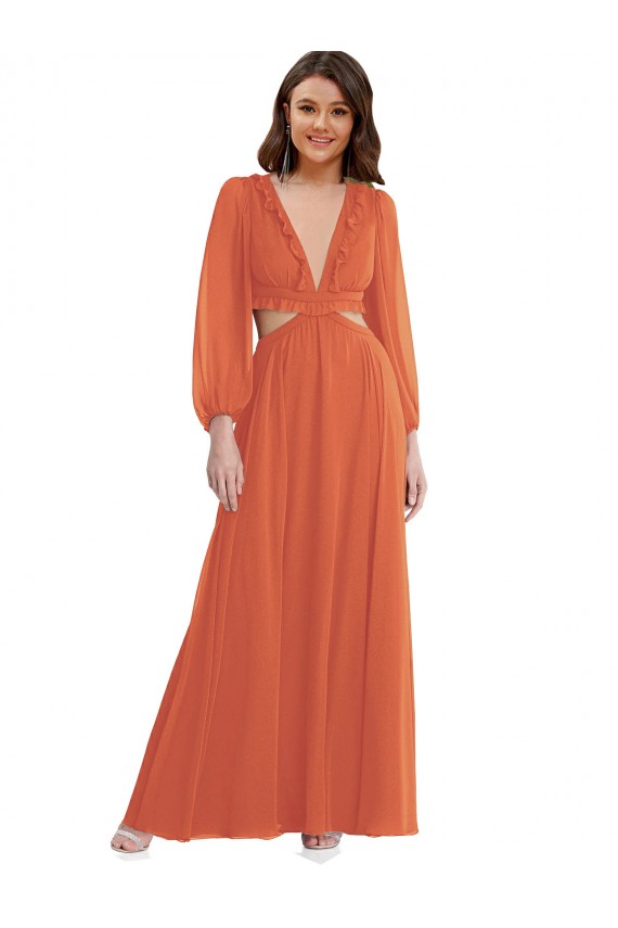 Trapèze Col V Mousseline Longue Asymétrique Robes demoiselle d'honneur à Bas Prix