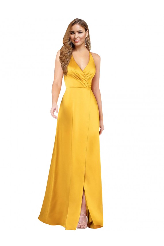 Trapèze Col V Satiné Soyeux Longue Asymétrique Formelles Robes demoiselle d'honneur / Robes de soirée / Robes de bal à Bas Prix