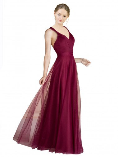 Trapèze Col V Tulle Longue Robes demoiselle d'honneur à Bas Prix