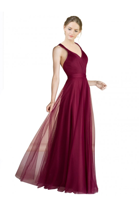 Trapèze Col V Tulle Longue Robes demoiselle d'honneur à Bas Prix