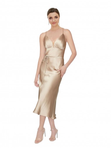Trapèze Col V midi Satiné Soyeux Courte Robes demoiselle d'honneur / Robes de soirée / Robes de cocktail à Bas Prix