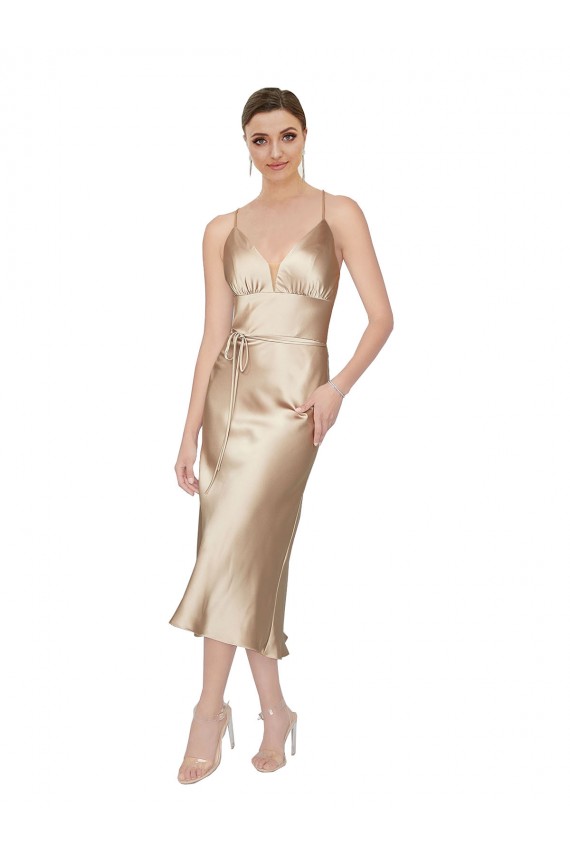 Trapèze Col V midi Satiné Soyeux Courte Robes demoiselle d'honneur / Robes de soirée / Robes de cocktail à Bas Prix