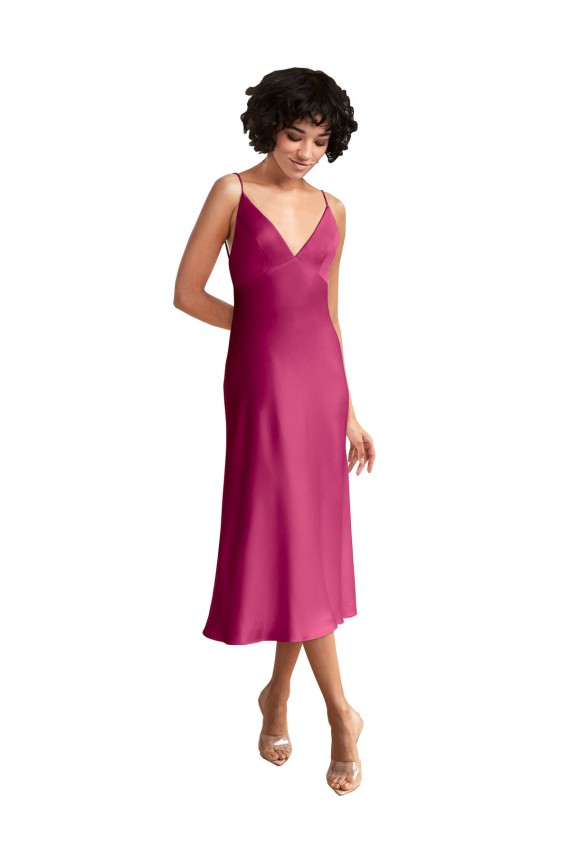 Trapèze Col V midi Satiné Stretch Courte Robes demoiselle d'honneur / Robes de soirée / Robes de cocktail à Bas Prix