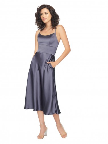 Trapèze Scoop midi Satiné Soyeux Courte Robes demoiselle d'honneur / Robes de bal / Robes de cocktail à Bas Prix