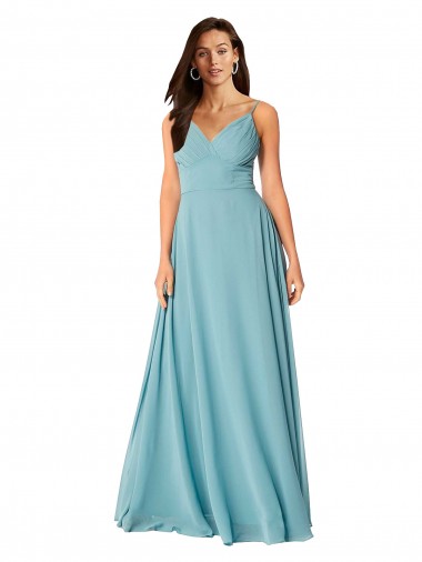 Turquoise Trapèze Col V Mousseline Longue Robes demoiselle d'honneur à Bas Prix