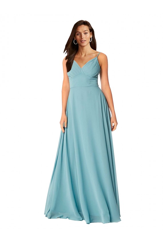 Turquoise Trapèze Col V Mousseline Longue Robes demoiselle d'honneur à Bas Prix