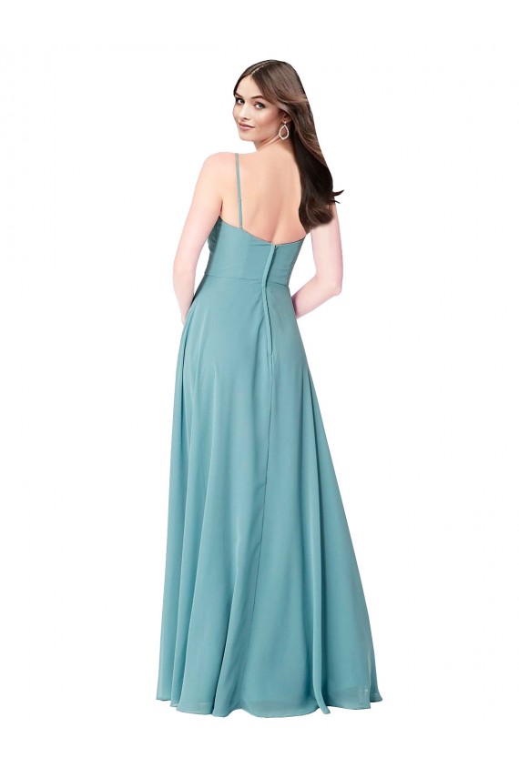 Turquoise Trapèze Col V Mousseline Longue Robes demoiselle d'honneur à Bas Prix