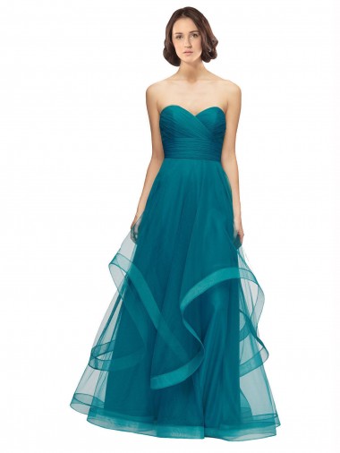 Turquoise Trapèze Sans bretelle Tulle Longue Robes demoiselle d'honneur à Bas Prix