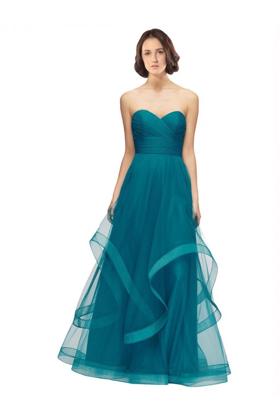 Turquoise Trapèze Sans bretelle Tulle Longue Robes demoiselle d'honneur à Bas Prix