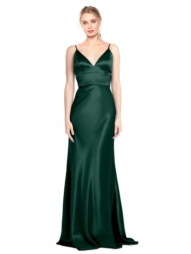 Vert Chasseur Fourreau Bretelles spaghetti Col V Satiné Stretch Longue Formelles Robes demoiselle d'honneur / Robes de soirée / Robes de bal à Bas Prix