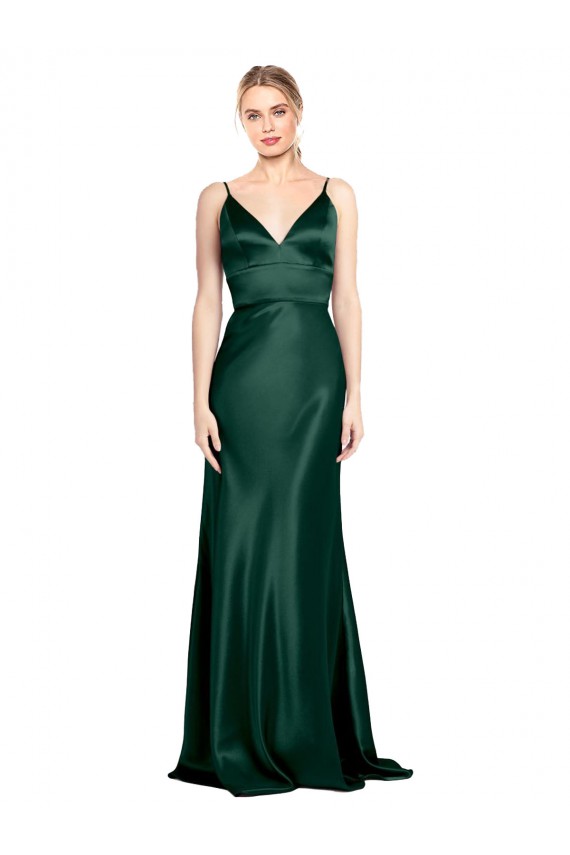 Vert Chasseur Fourreau Bretelles spaghetti Col V Satiné Stretch Longue Formelles Robes demoiselle d'honneur / Robes de soirée / Robes de bal à Bas Prix