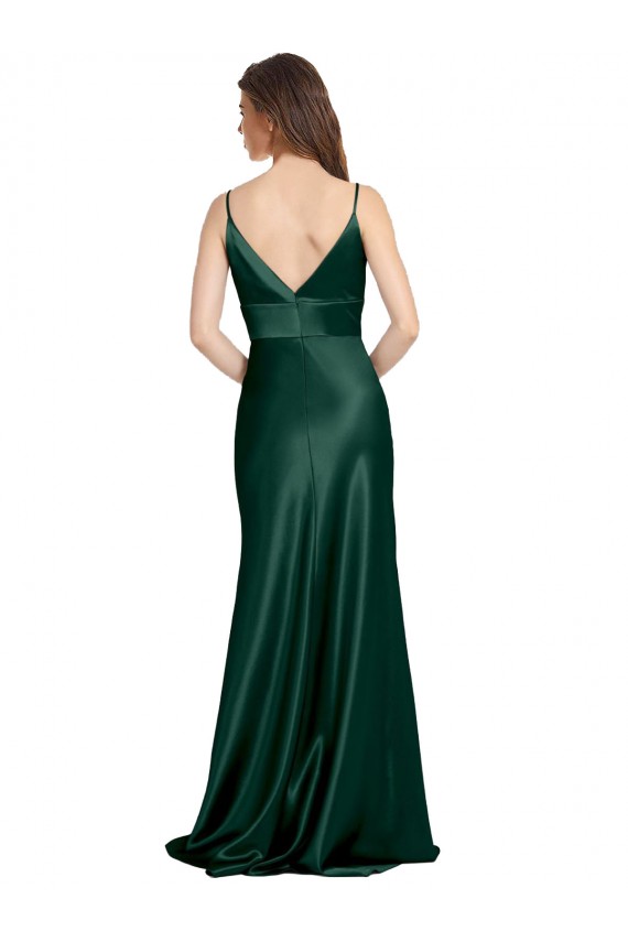 Vert Chasseur Fourreau Bretelles spaghetti Col V Satiné Stretch Longue Formelles Robes demoiselle d'honneur / Robes de soirée / Robes de bal à Bas Prix