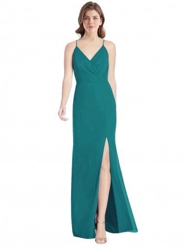 Vert Chasseur Sirène Bretelles spaghetti Col V Mousseline Longue Robes demoiselle d'honneur à Bas Prix