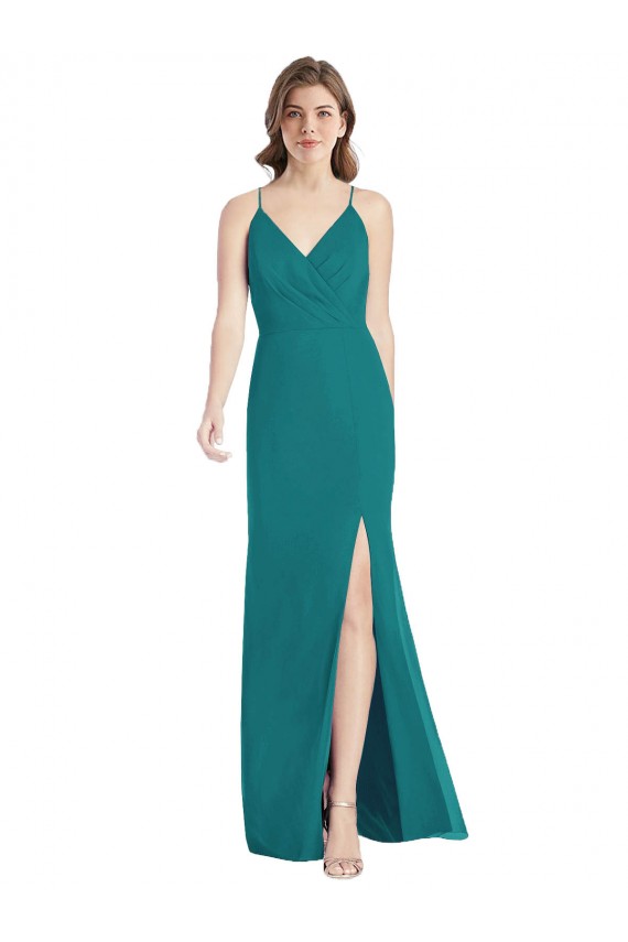 Vert Chasseur Sirène Bretelles spaghetti Col V Mousseline Longue Robes demoiselle d'honneur à Bas Prix