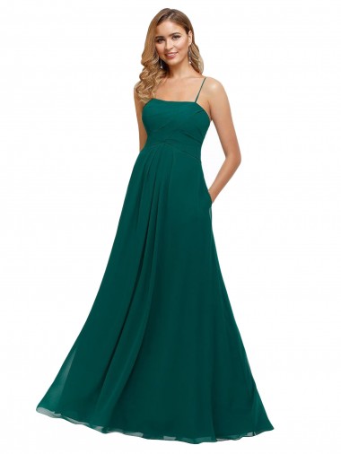 Vert Chasseur Trapèze Bretelles spaghetti Col Carré Mousseline Longue Robes demoiselle d'honneur à Bas Prix